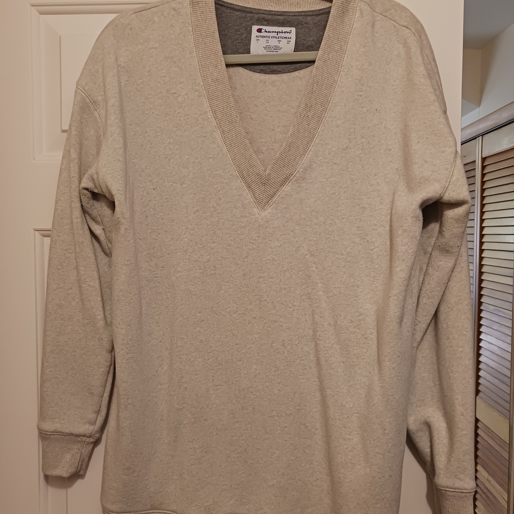 Champion Womens V-Neck Sweatshirt Oatmeal Heather Gray Pullover Large Relaxed